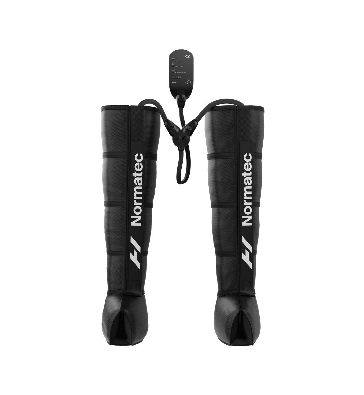 Bottes de compression Normatec 3 Legs noires sur fond transparent